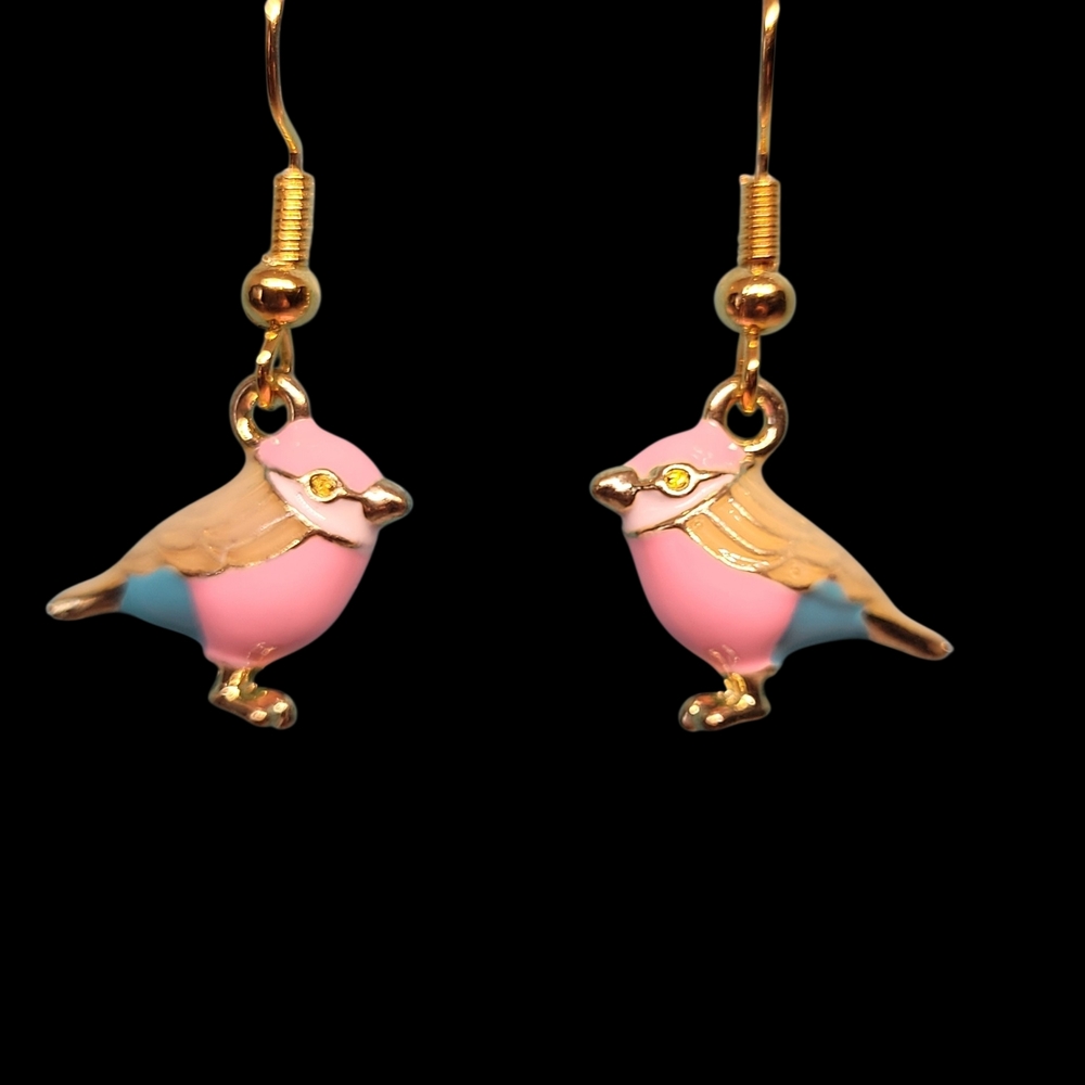 Gold-Tone Pink & Blue Bird Drop Earrings